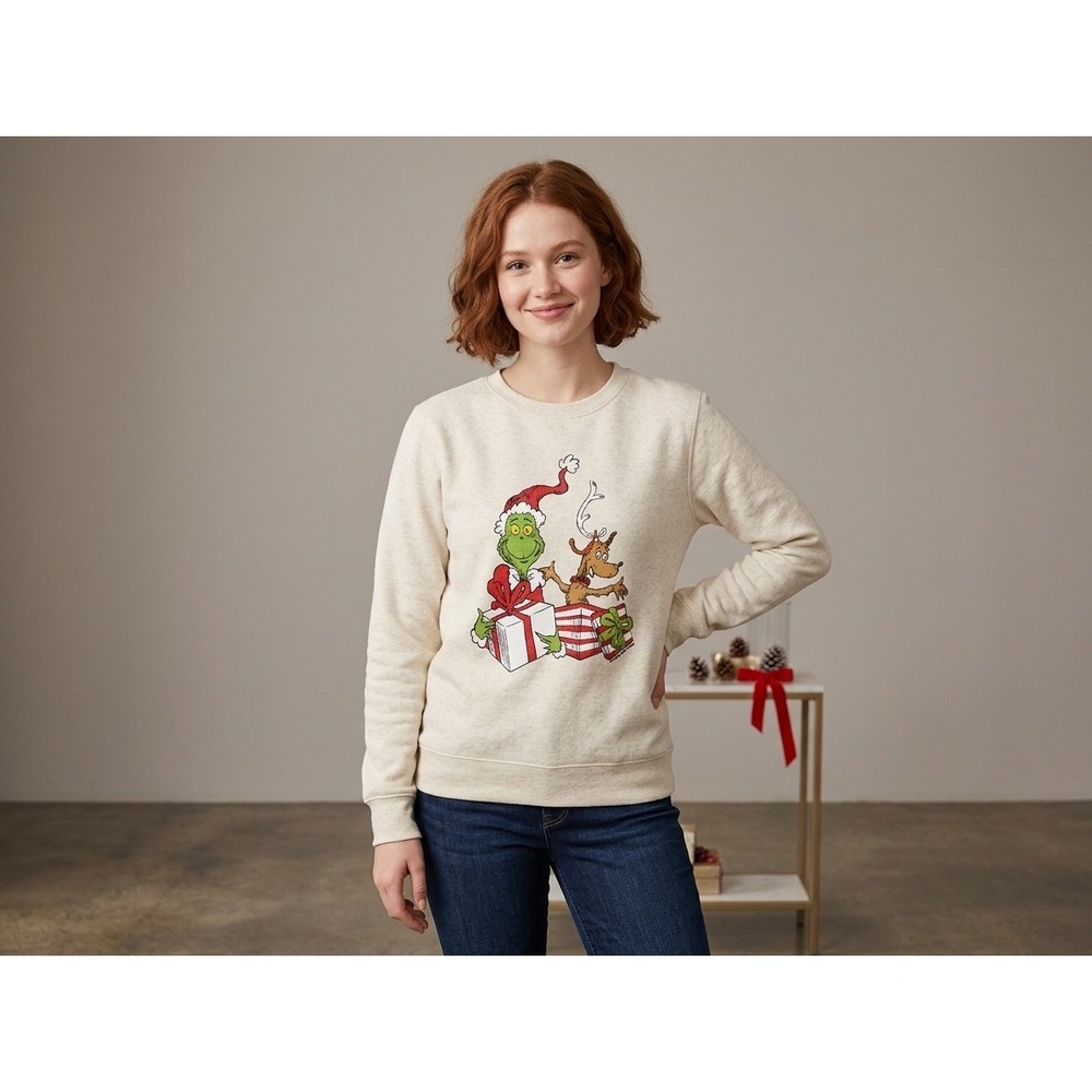 Live and Tell The Grinch Sweatshirt Youth M Oatmeal Excellent Graphic Pullover